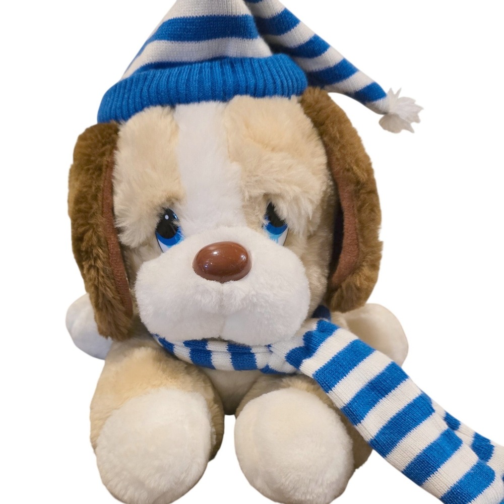 Vintage 1989 YDC Sad Eyes Puppy Dog Plush Winter Blue White Hat Scarf 1980s
